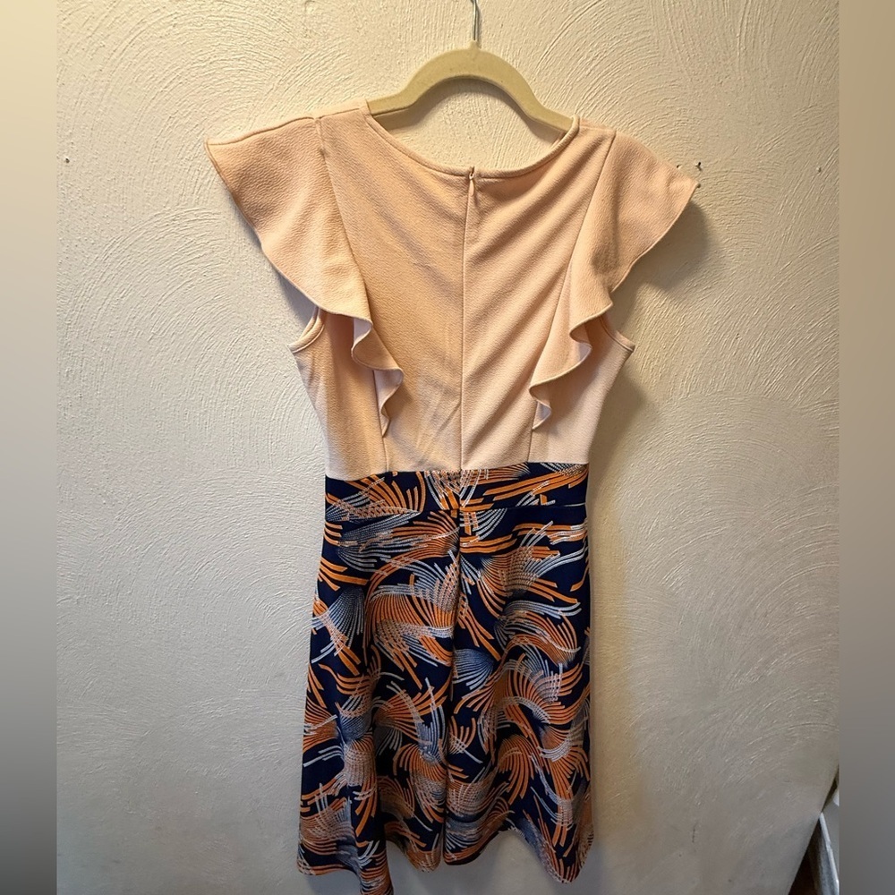 NWT Ecowish Ruffle Sleeve Fit & Flare Dress Blush & Navy Abstract Easter Spring - Picture 3 of 6